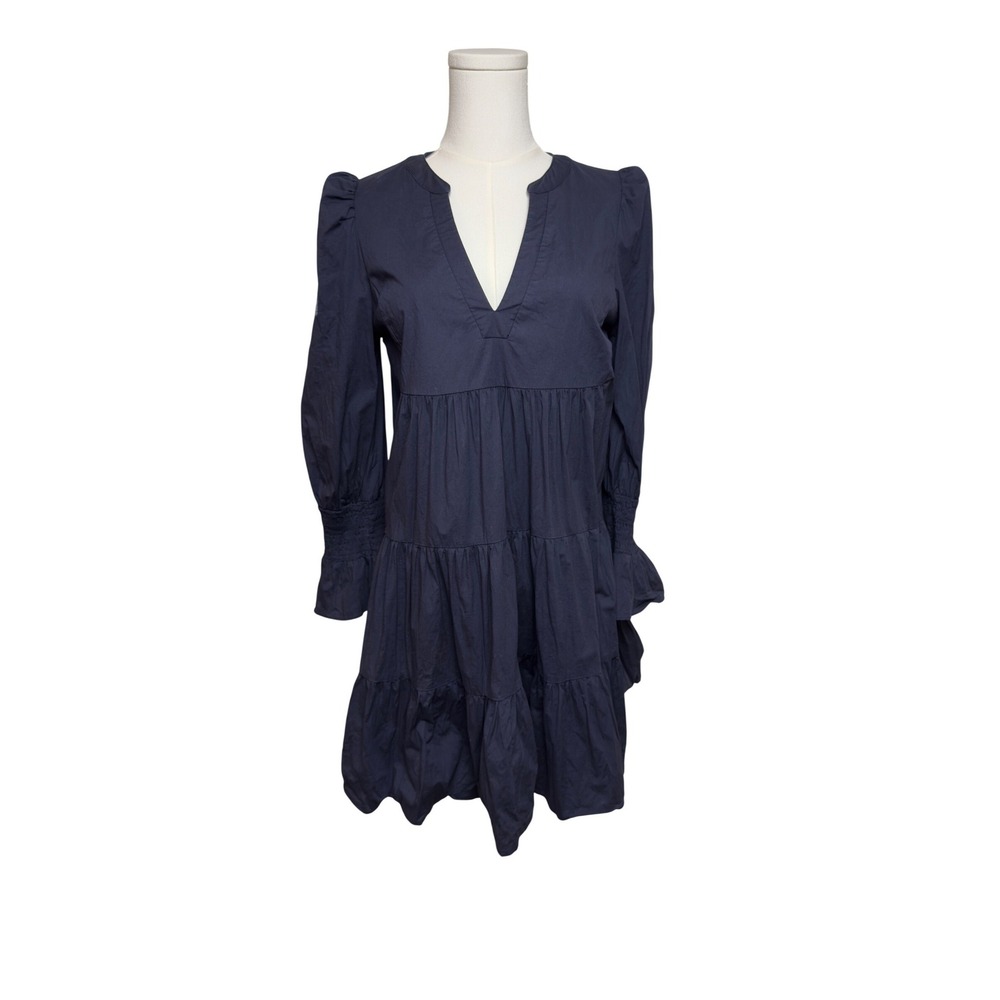 Pomander Place Navy Blue Tiered Babydoll Mini Dress V-Neck Smocked Cuff Size M